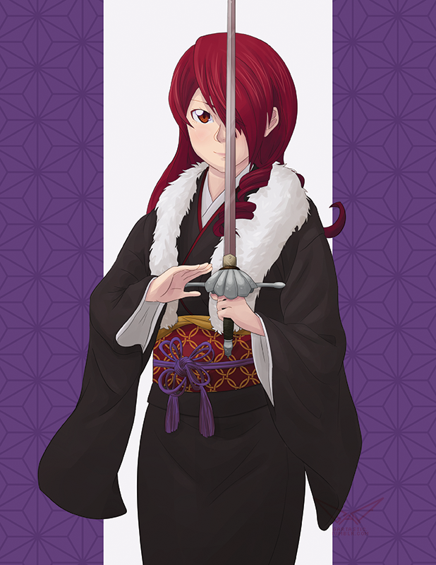 1girl, gartastic, hair_over_one_eye, japanese_clothes, kimono, kirijou_mitsuru, long_hair, persona, persona_3, rapier, red_eyes, redhead, shin_megami_tensei, sword, weapon