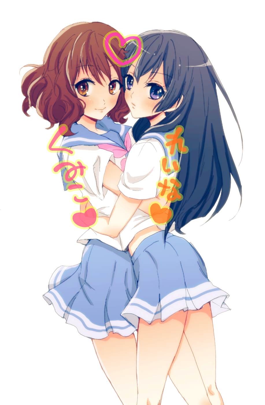 2girls, black_hair, brown_eyes, brown_hair, hibike!_euphonium, highres, hug, icoico