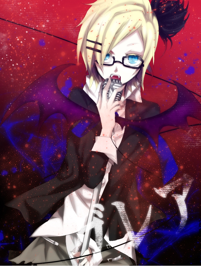bespectacled, blonde_hair, blue_eyes, glare_(vocaloid), glasses, hair_ornament, hair_ribbon, hairclip