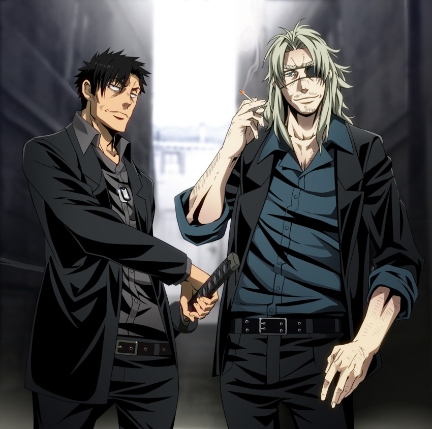 2boys, belt, black_hair, blue_eyes, cigarette, cowboy_shot, eyepatch, facial_hair
