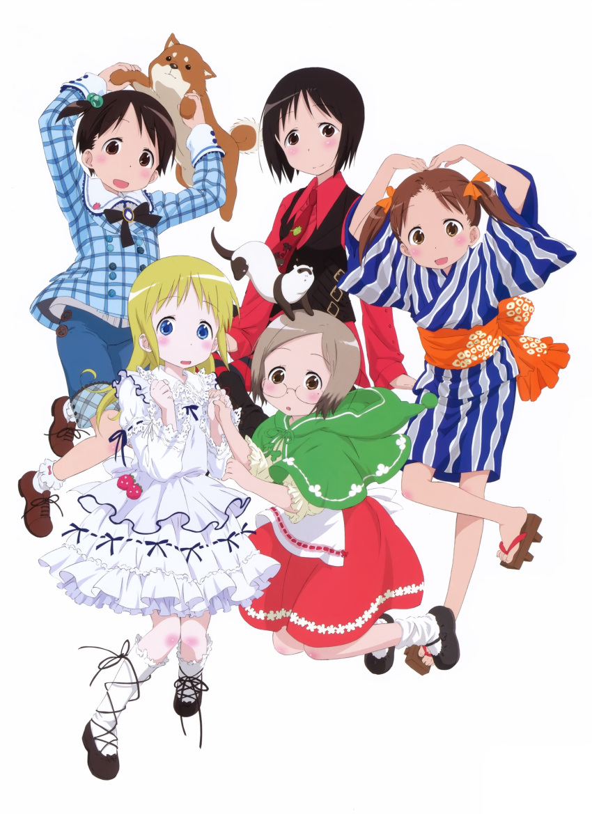5girls, :d, :o, absurdres, ana_coppola, animal, ankle_lace-up, apron