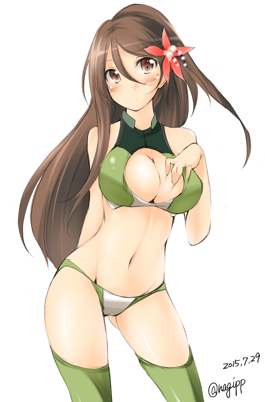 1girl, 2015, alternate_costume, amagi_(kantai_collection), arm_behind_back, bare_shoulders, bikini, breasts