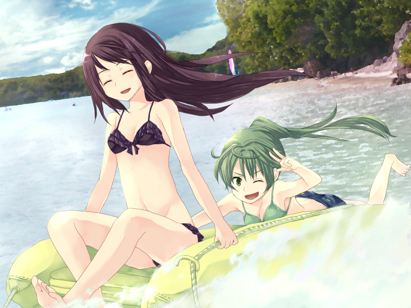 2girls, barefoot, beach, bikini, blue_hair, boat, denim, denim_shorts