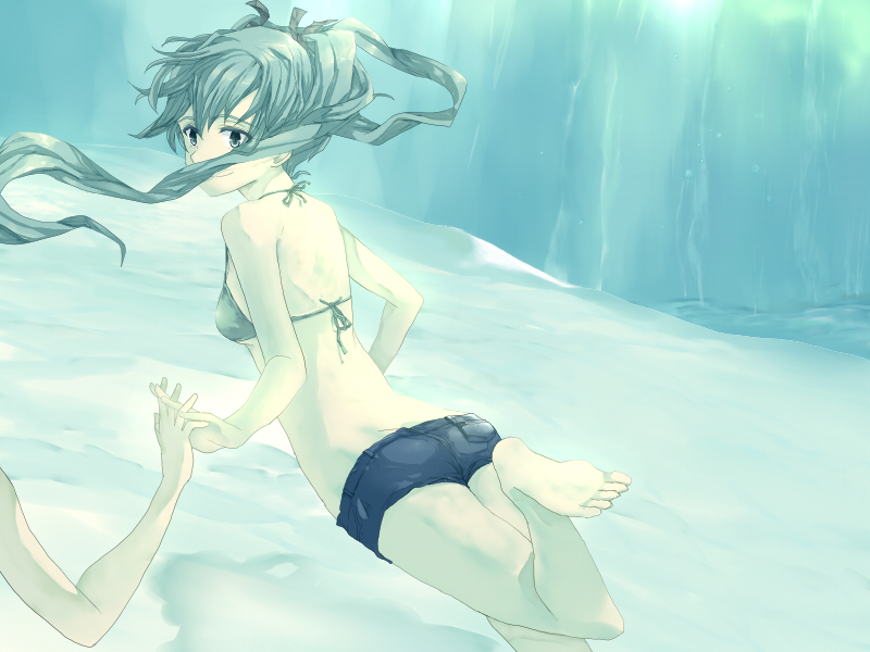 2girls, air_bubble, barefoot, bikini, blue_hair, bubble, denim, denim_shorts