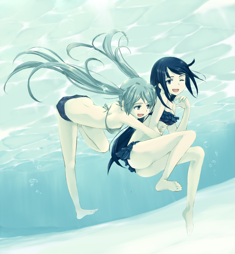 2girls, air_bubble, barefoot, bikini, black_hair, blue_hair, bubble, denim, denim_shorts, freediving, game_cg, hide38, long_hair, mizuno_sachiko_(seabed), multiple_girls, original, seabed, short_shorts, shorts, swimming, swimsuit, takako_(seabed), twintails, underwater, yuri