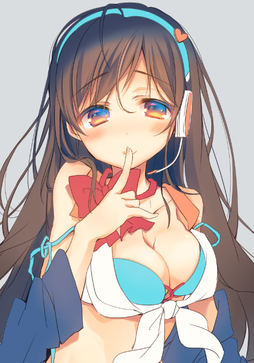 1girl, breasts, brown_eyes, brown_hair, finger_to_mouth, hairband, headset, idolmaster