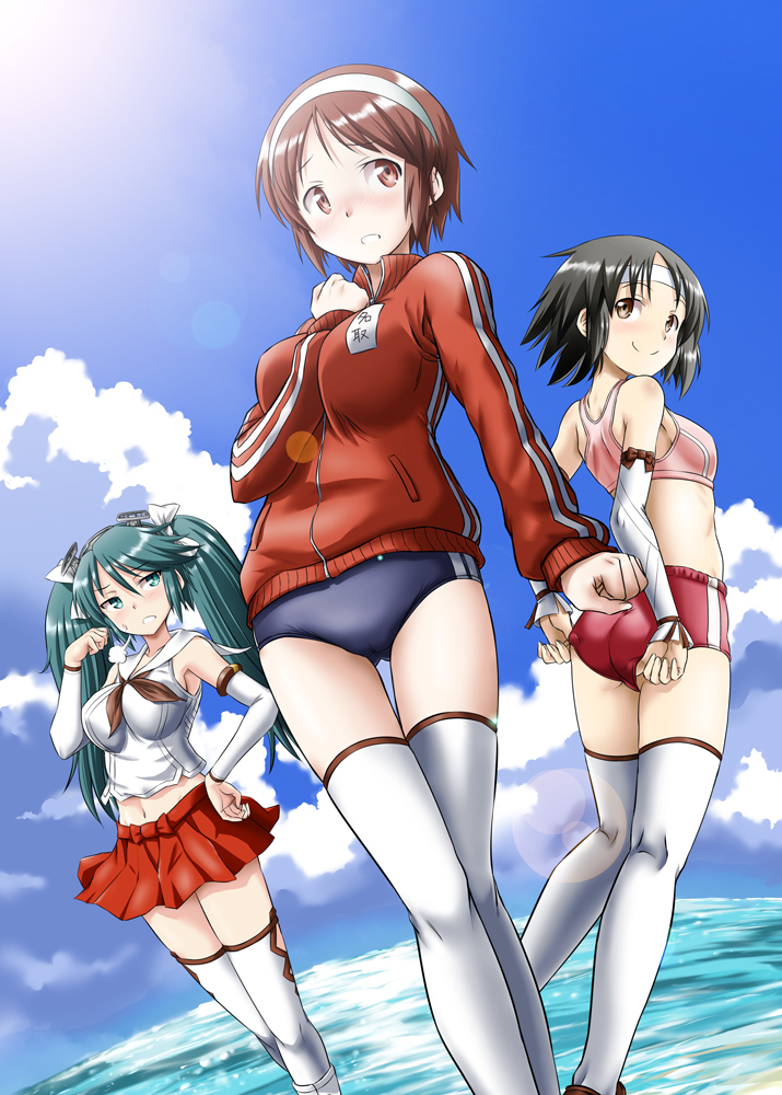 3girls, adjusting_buruma, adjusting_clothes, alternate_costume, bare_shoulders, bloomers, blue_sky, breasts