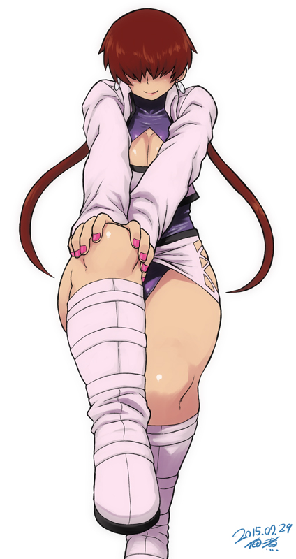breasts, cleavage, cleavage_cutout, hair_over_eyes, hands_on_own_knee, king_of_fighters, miniskirt, redhead