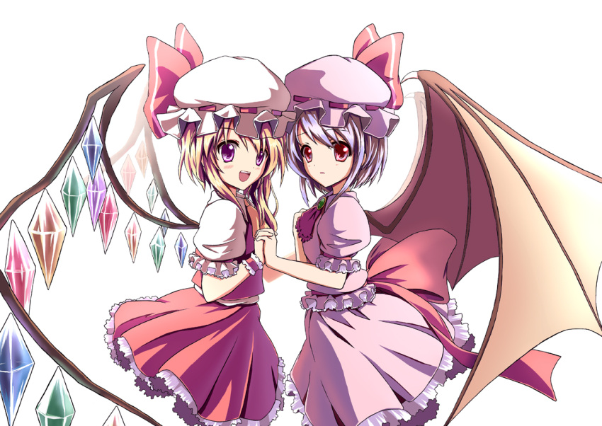 bad_id, bat_wings, blonde_hair, flandre_scarlet, hand_holding, hat, holding_hands, kuroi_hitsuji
