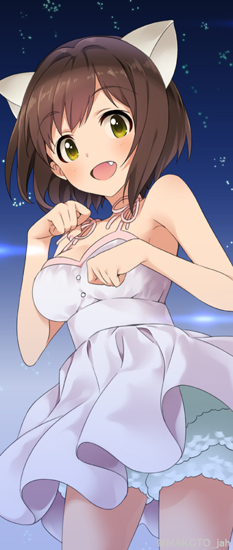 blush, brown_hair, fangs, green_eyes, idolmaster, idolmaster_cinderella_girls, maekawa_miku, mizuki_makoto