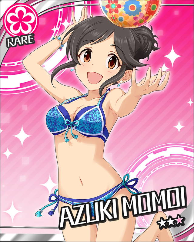 1girl, armpits, bikini, black_hair, blush, brown_eyes, character_name, earrings