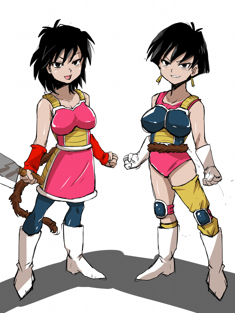 2girls, black_hair, dragon_ball, gine, looking_at_viewer, seripa, tail