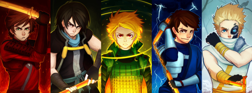 5boys, armor, asymmetrical_eyebrows, bare_shoulders, black_hair, blonde_hair, blue_eyes, bodysuit