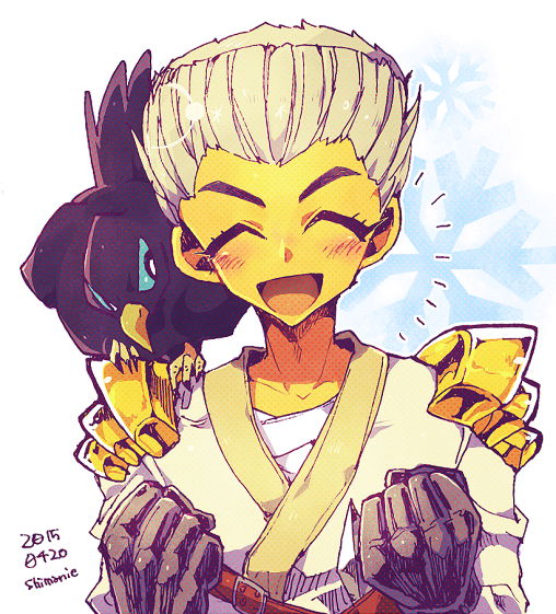1boy, armor, bird, blush, falcon, gloves, japanese_armor, japanese_clothes