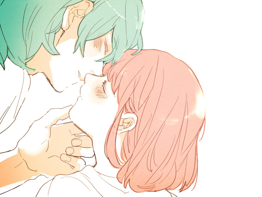 1boy, 1girl, blush, close-up, closed_eyes, from_side, green_hair, hand_on_another's_chin