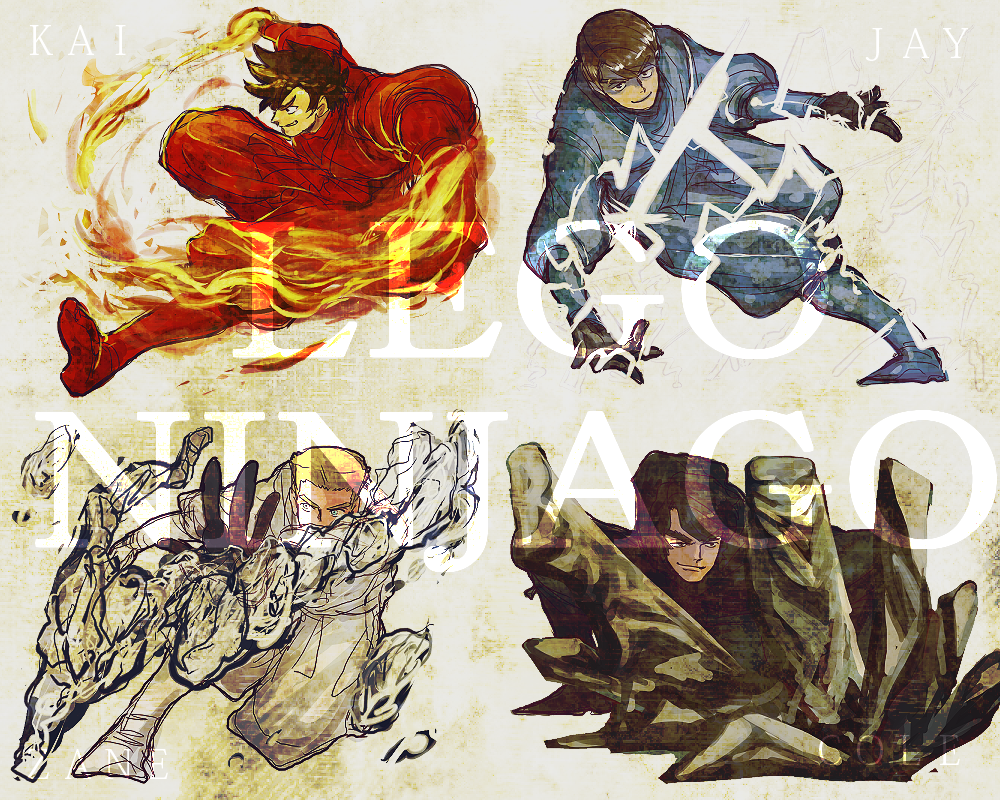 4boys, asymmetrical_eyebrows, black_hair, bodysuit, brown_hair, cole_(ninjago), copyright_name, eyebrows