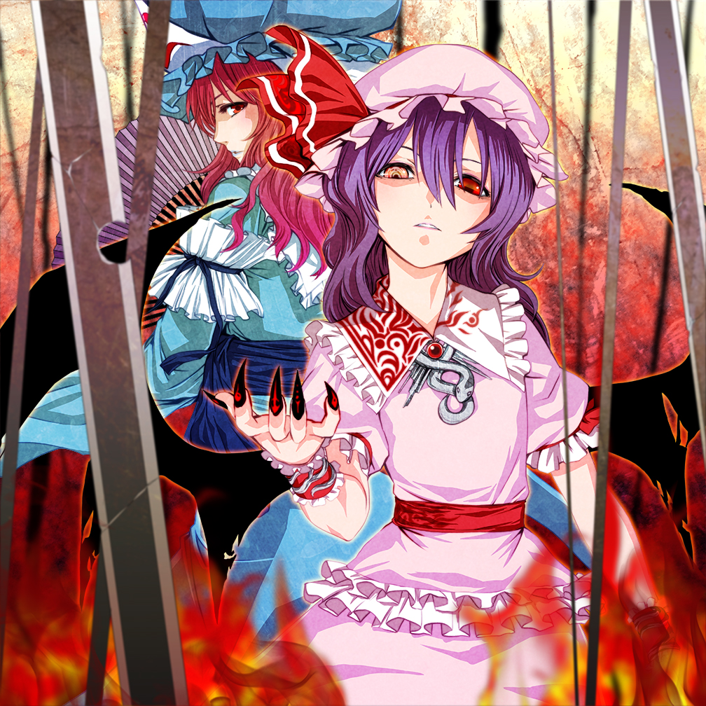 2girls, adapted_costume, ak2, alternate_hair_color, alternate_hair_length, alternate_hairstyle, arm_ribbon, bat_wings