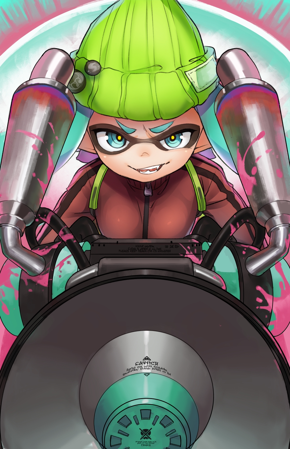 1girl, aqua_eyes, aqua_hair, collaboration, domino_mask, fangs, hat, highres