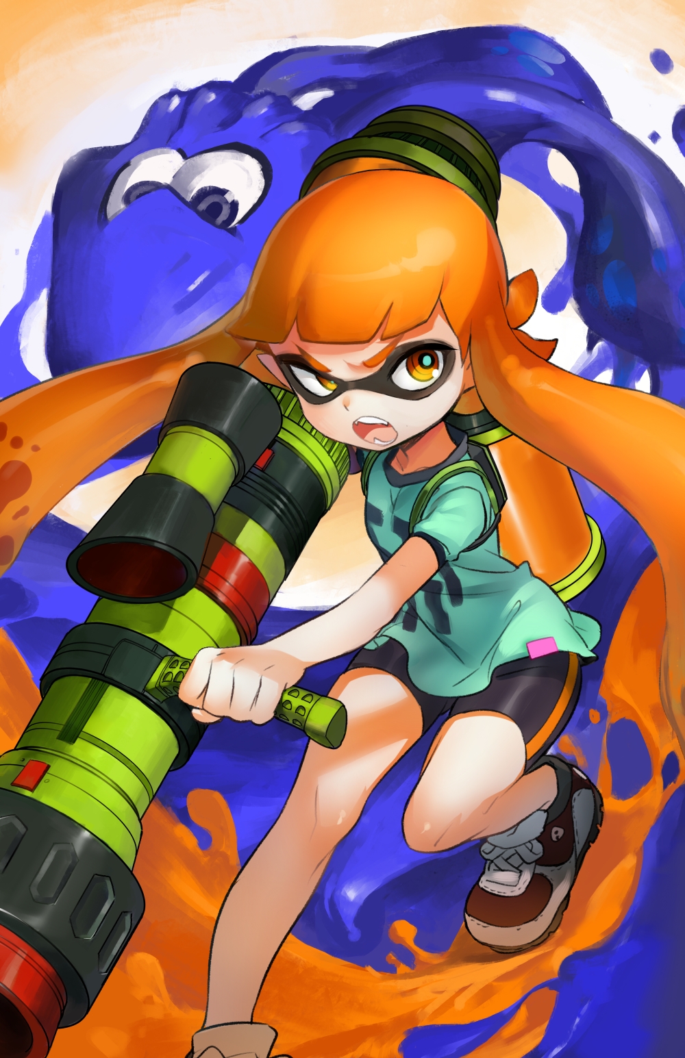 1girl, bike_shorts, collaboration, domino_mask, fangs, highres, inkling, ishutani