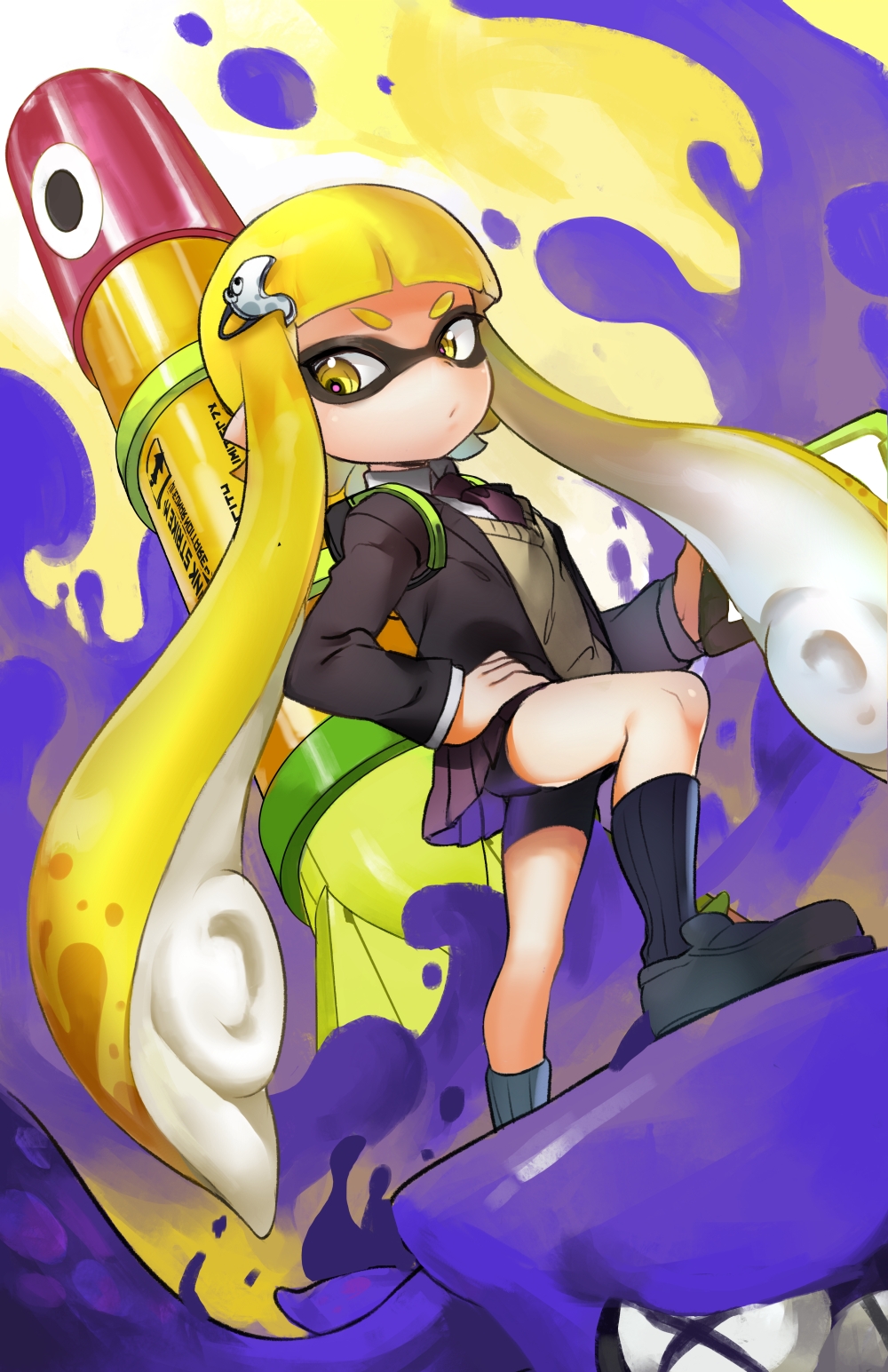 1girl, bike_shorts, black_legwear, blazer, blonde_hair, collaboration, domino_mask, hair_ornament