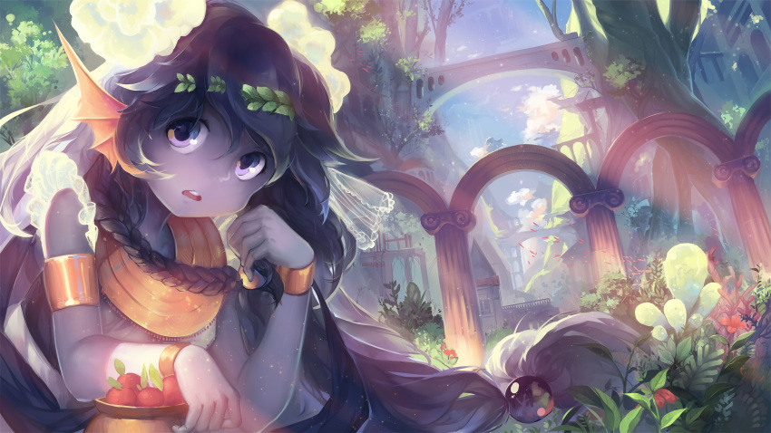 1girl, absurdres, armlet, blue_hair, braid, clouds, d-ka-satellite, fish