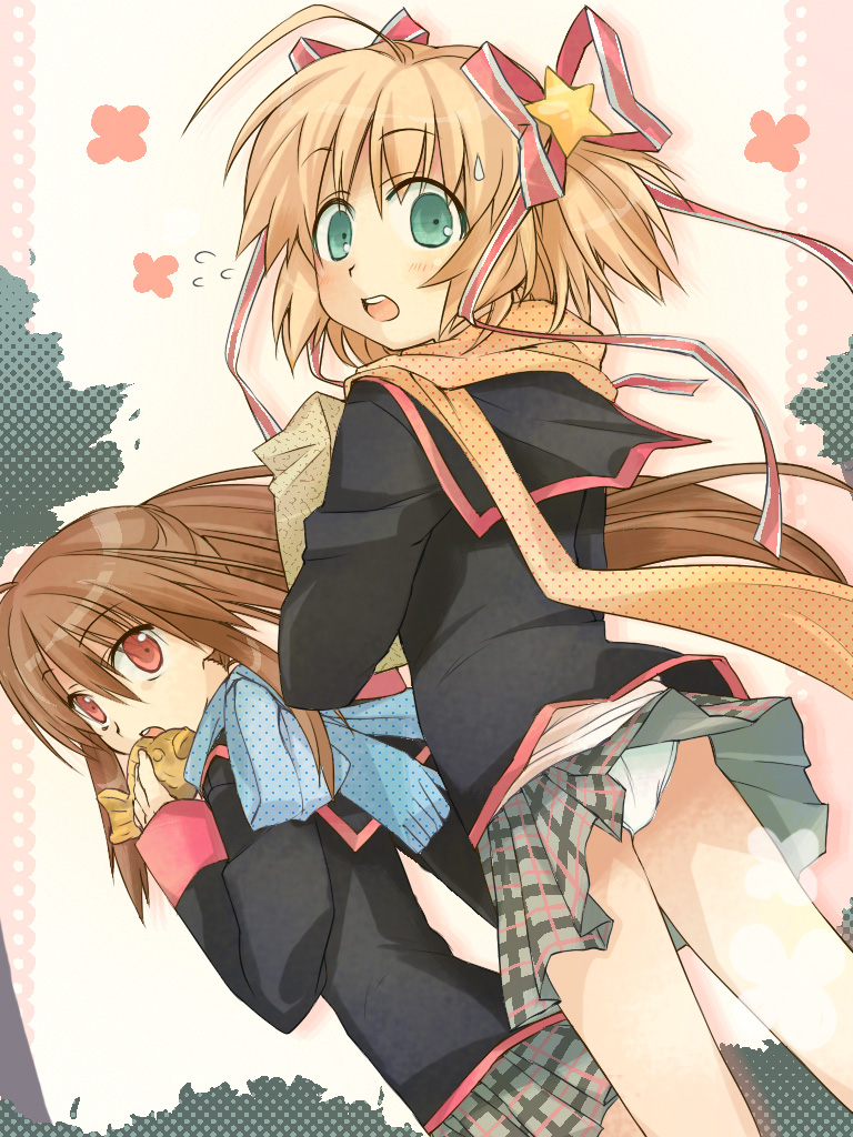 :o, blonde_hair, brown_hair, food, furui_suguri, green_eyes, hair_ribbon, kamikita_komari