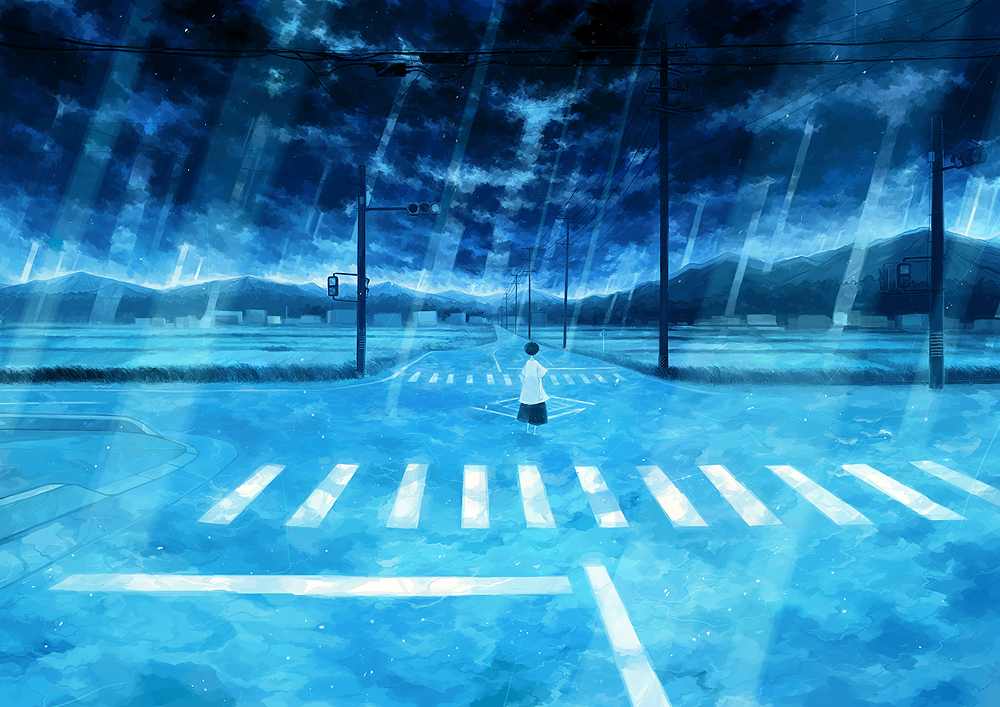 blue, clouds, crosswalk, hosiiro, light_rays, monochrome, original, power_lines