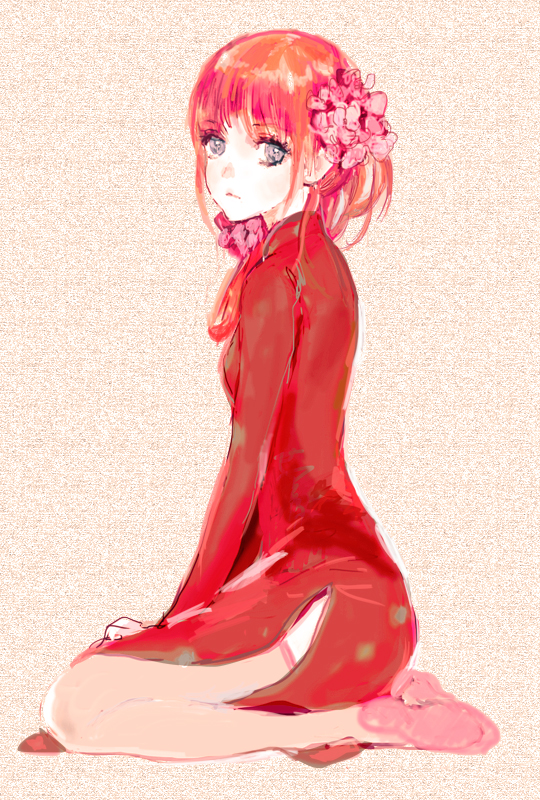1girl, anatidae, blue_eyes, chinese_clothes, gintama, kagura_(gintama), orange_hair, short_hair