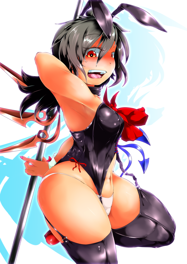 1girl, :d, animal_ears, armpits, asymmetrical_wings, belly, black_hair, blush, breasts, bunnysuit, collar, curvy, fingernails, garter_straps, hips, houjuu_nue, looking_at_viewer, nail_polish, navel, open_mouth, panties, polearm, rabbit_ears, red_eyes, red_shoes, shoes, smile, solo, teeth, teinba, thick_thighs, thighs, toned, touhou, trident, underwear, weapon, white_panties, wings