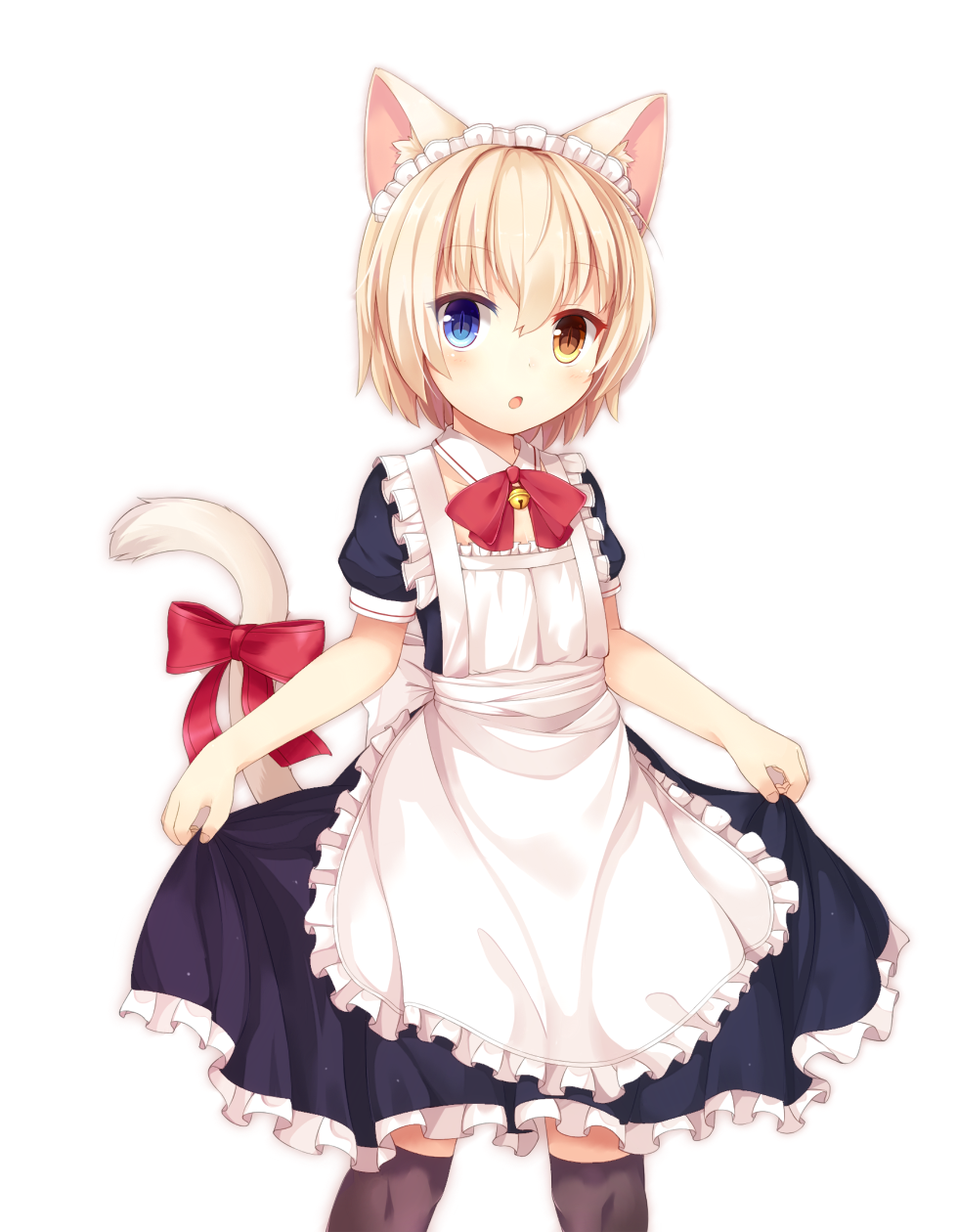1girl, animal_ears, apron, bell, bell_collar, blonde_hair, blue_eyes, cat_ears