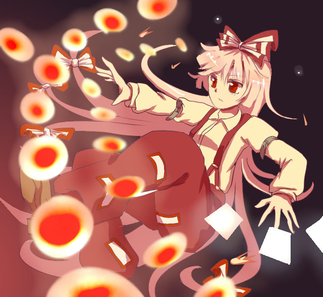 1girl, black_background, buckle, danmaku, expressionless, fujiwara_no_mokou, hair_ribbon, long_hair