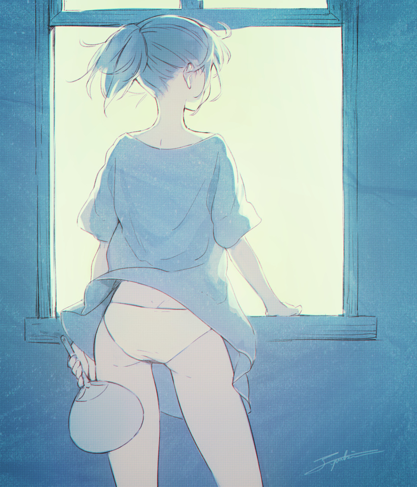 1girl, contrapposto, fan, from_behind, highres, long_hair, original, panties