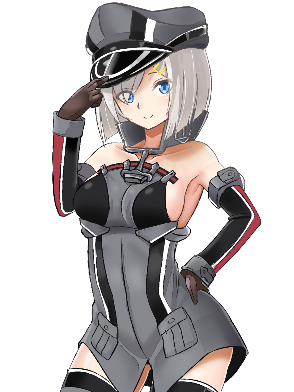 1girl, bare_shoulders, bismarck_(kantai_collection), bismarck_(kantai_collection)_(cosplay), blue_eyes, brown_gloves, cosplay, detached_sleeves