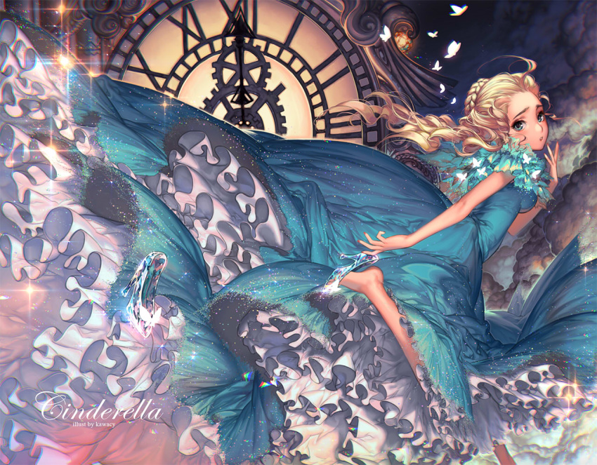 1girl, ahoge, artist_name, blonde_hair, blue_eyes, braid, butterfly, cinderella