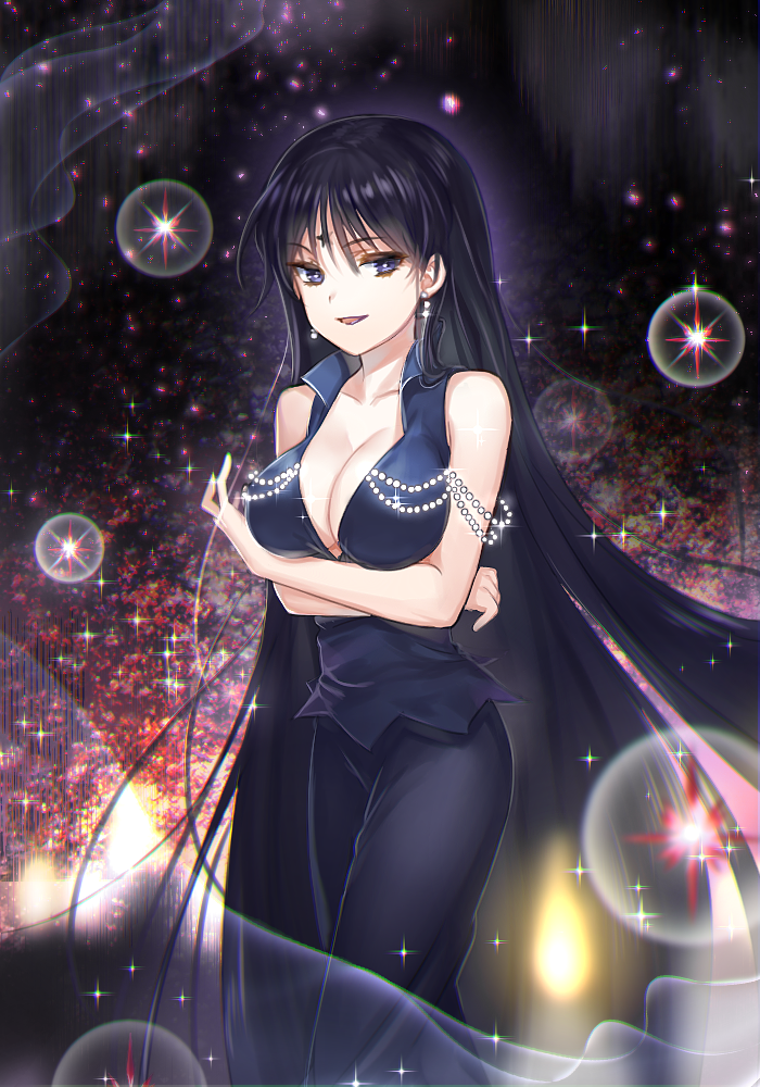 1girl, bishoujo_senshi_sailor_moon, black_dress, black_hair, blue_eyes, breasts, cleavage, dress, facial_mark, forehead_mark, k_(shinya90), long_hair, mistress_9, older, smile, solo, sparkle, star, tomoe_hotaru, very_long_hair