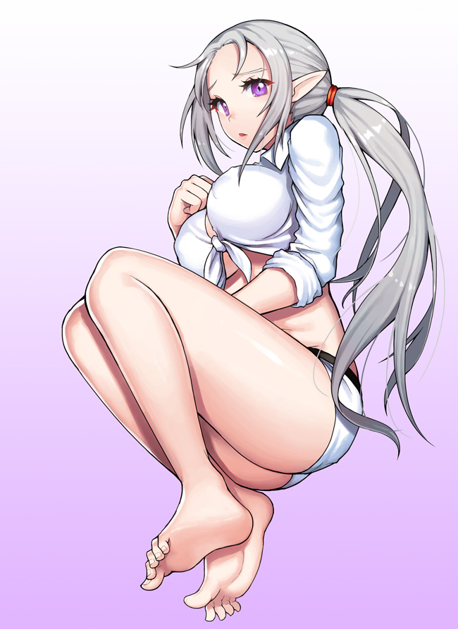 1girl, aaa, closers, long_hair, midriff, pointy_ears, silver_hair, solo