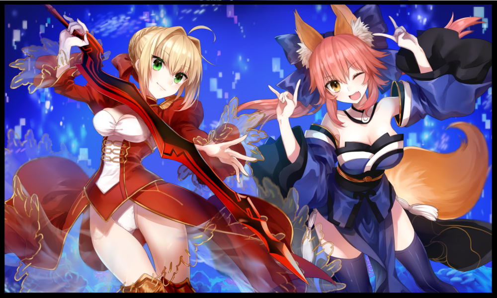 2girls, \n/, ahoge, animal_ears, azusa_(sarie303030), bare_shoulders, blonde_hair, blue_legwear