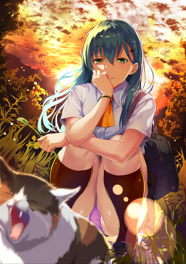 1girl, bag, black_legwear, cat, clouds, cloudy_sky, fangs, green_eyes, green_hair, hair_ornament, hairclip, kantai_collection, kneehighs, momonokizmen, neckerchief, panties, purple_panties, sky, solo, squatting, sunset, suzuya_(kantai_collection), underwear