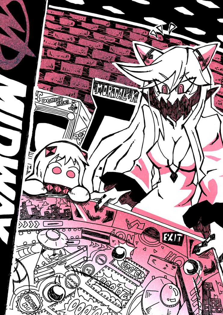 2girls, arcade, arcade_cabinet, breasts, cleavage, covered_mouth, horns, kantai_collection