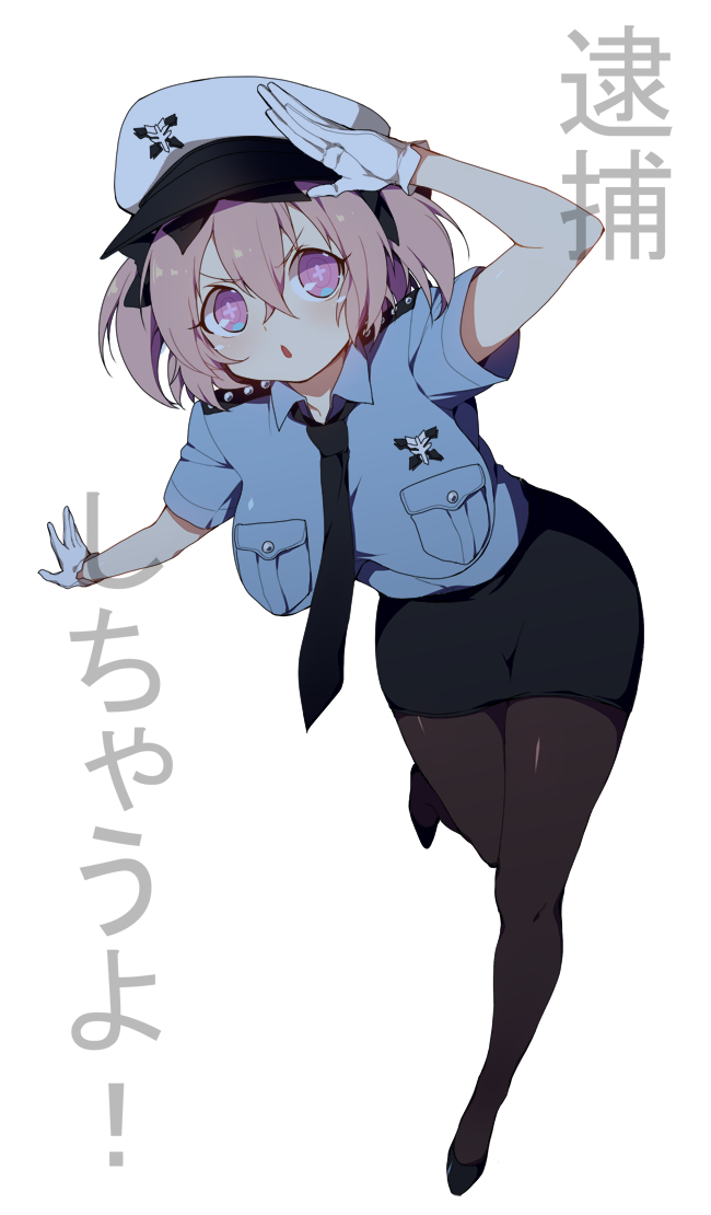 >:o, +_+, 1girl, :o, ahugni, blue_eyes, blush, bow, breasts, gloves, hair_bow, hat, hibari_(senran_kagura), large_breasts, necktie, open_mouth, pantyhose, peaked_cap, pencil_skirt, pink_hair, police, police_uniform, policewoman, salute, senran_kagura, senran_kagura_(series), short_hair, skirt, solo, symbol-shaped_pupils, twintails, uniform