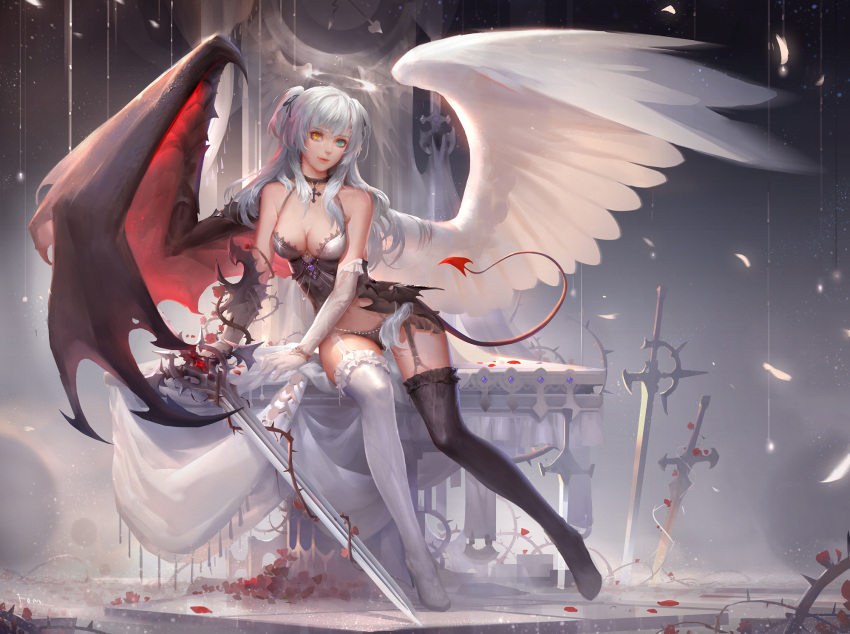 1girl, angel_wings, asymmetrical_wings, babydoll, bare_shoulders, black_gloves, black_legwear, black_panties, boots, breasts, choker, cleavage, cross, demon_tail, demon_wings, elbow_gloves, fom_(lifotai), garter_straps, gloves, green_eyes, hair_ribbon, heterochromia, high_heel_boots, high_heels, highres, long_hair, looking_at_viewer, mismatched_gloves, mismatched_legwear, original, panties, petals, ribbon, silver_hair, sitting, smile, solo, sword, tail, thigh-highs, thigh_boots, thorns, twintails, two_side_up, underwear, weapon, white_gloves, white_legwear, wings, yellow_eyes