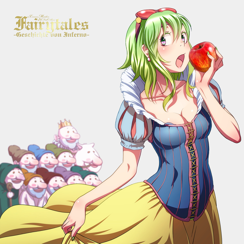 1girl, 6+boys, apple, blush, breasts, cleavage, cosplay, dress