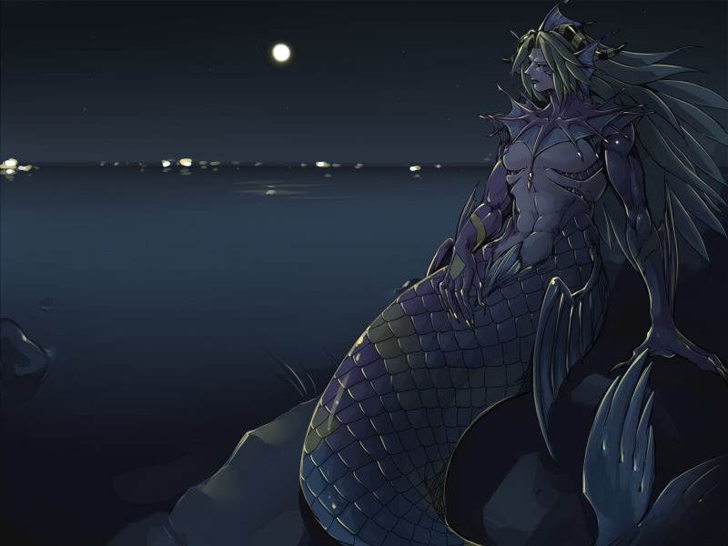 1girl, abs, breasts, joka_(hiwai), long_hair, mermaid, monster_girl, moon