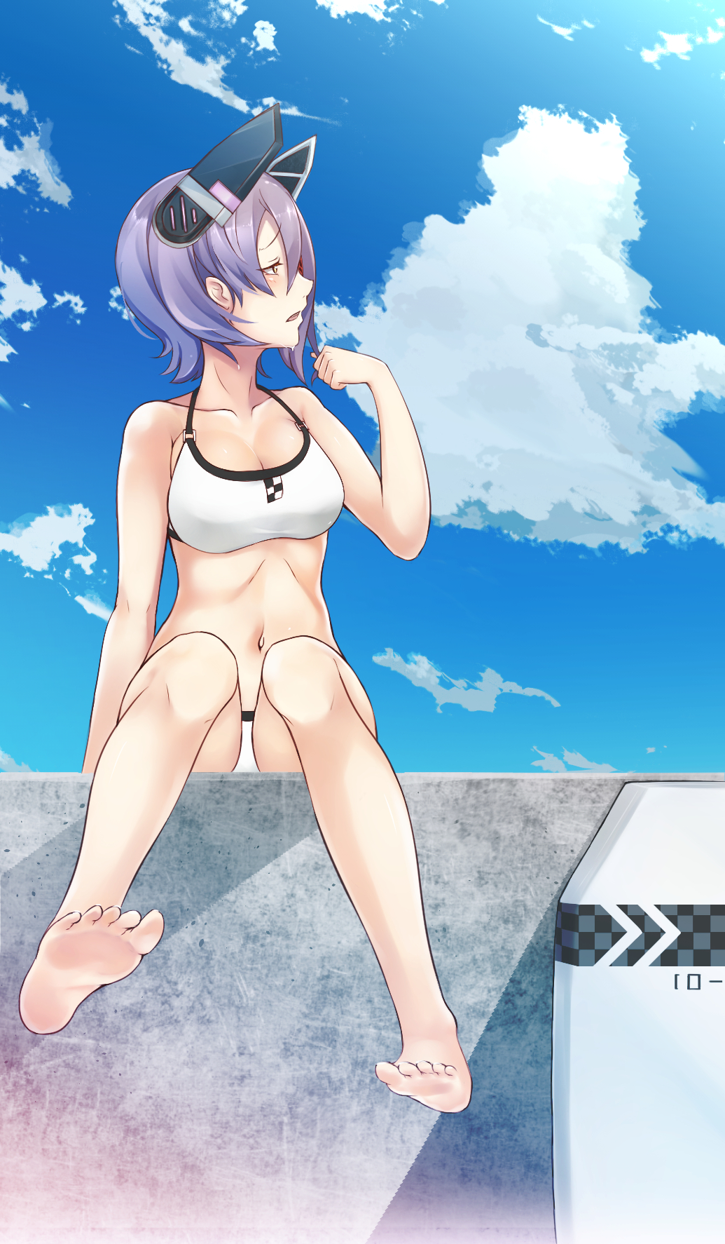 1girl, ankh_(ankh_05), bikini, blush, clouds, highres, kantai_collection, playing_with_own_hair