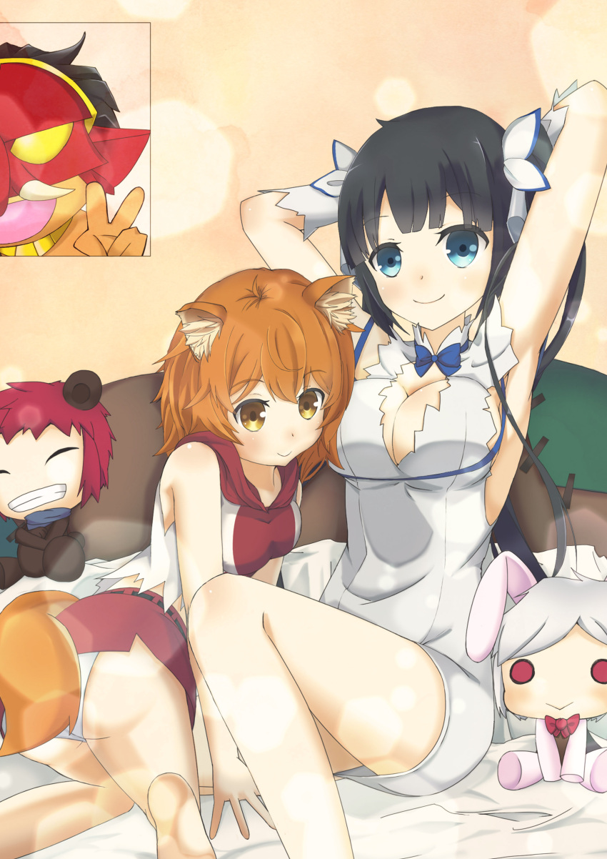 2girls, absurdres, animal_ears, armpits, arms_behind_head, bed, bell_cranel, black_hair