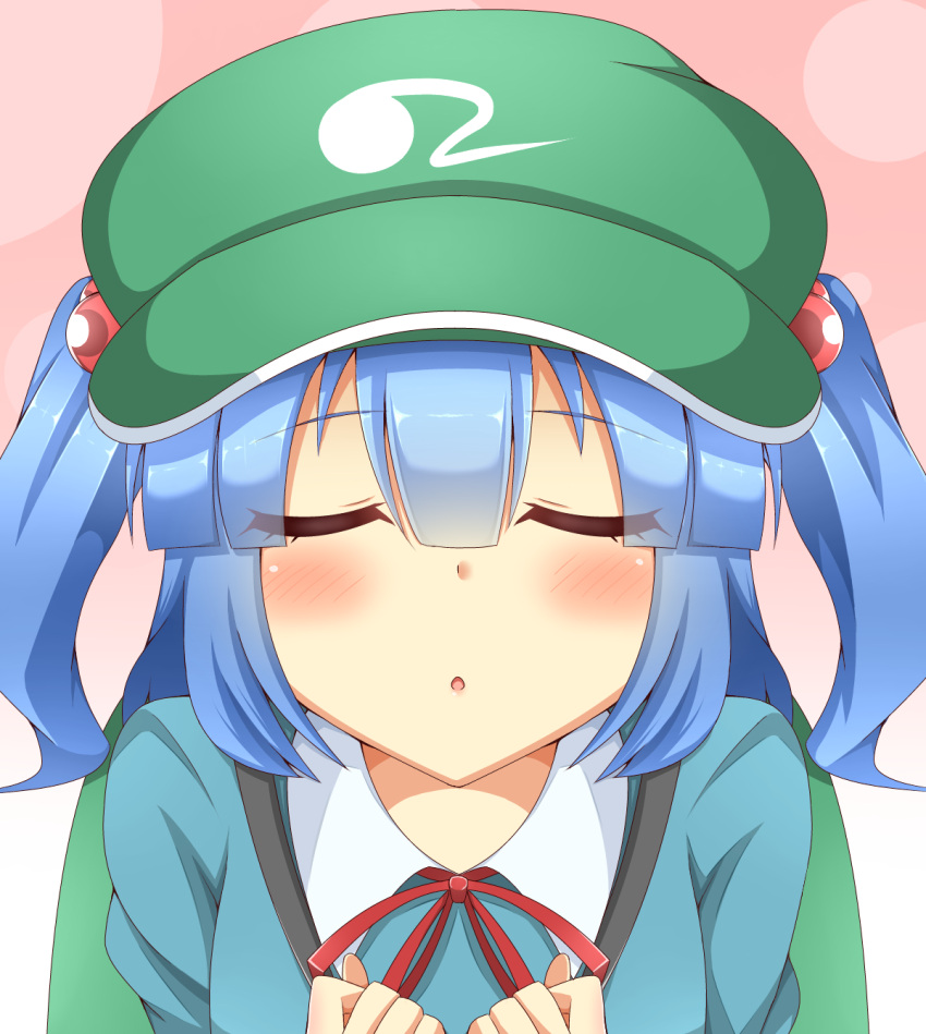 1girl, backpack, bag, blue_hair, blush, closed_eyes, hair_bobbles, hair_ornament