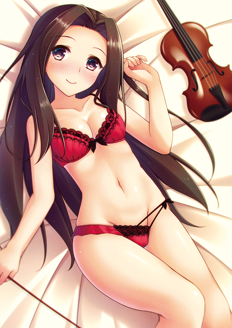 1girl, black_hair, blush, bra, breasts, idolmaster, idolmaster_cinderella_girls, instrument