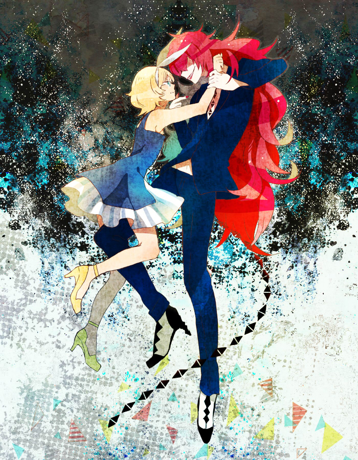 2boys, awa319, bare_shoulders, berg_katse, blonde_hair, blue_dress, clenched_teeth, dress
