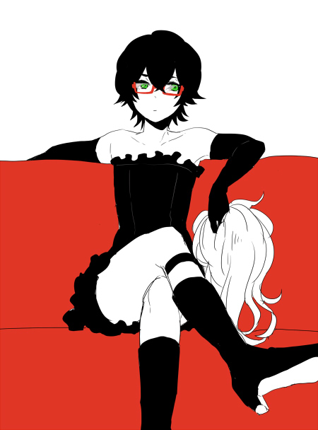 1boy, awa319, bare_shoulders, black_hair, boots, crossed_legs, elbow_gloves, gatchaman_crowds, glasses, gloves, green_eyes, high_heel_boots, high_heels, ninomiya_rui, otoko_no_ko, red-framed_glasses, semi-rimless_glasses, short_hair, solo, under-rim_glasses, wig_removed