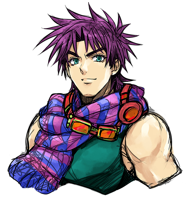 1boy, goggles, goggles_around_neck, green_eyes, jojo_no_kimyou_na_bouken, joseph_joestar_(young), purple_hair, scarf